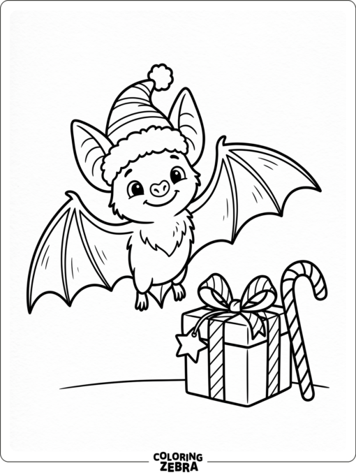 A bat in a Santa hat beside a gift