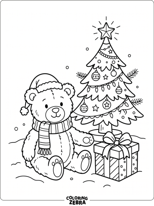 A Christmas bear stands beside a present and tree