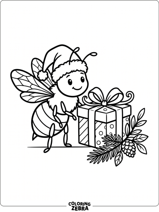 A bee in a Santa hat with a gift