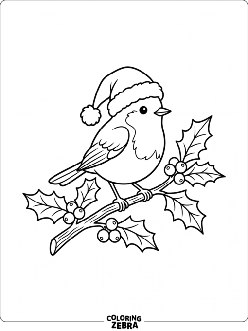 A small bird wearing a Santa hat on a holly branch