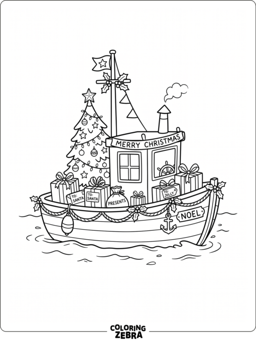 A boat decorated for Christmas with a tree and wrapped gifts