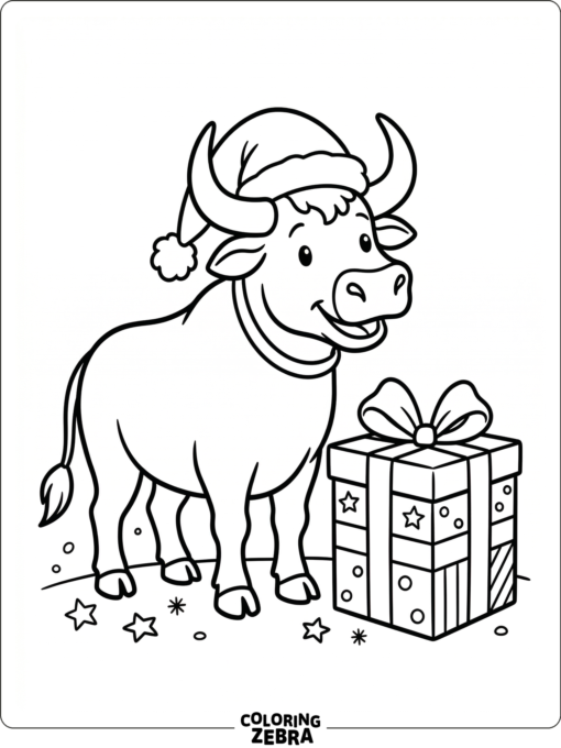 A bull in a Santa hat beside a gift box