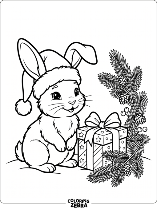 A bunny in a Santa hat next to a gift