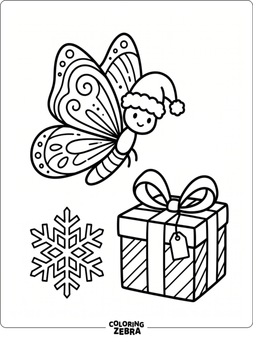 A butterfly wearing a Santa hat near a gift