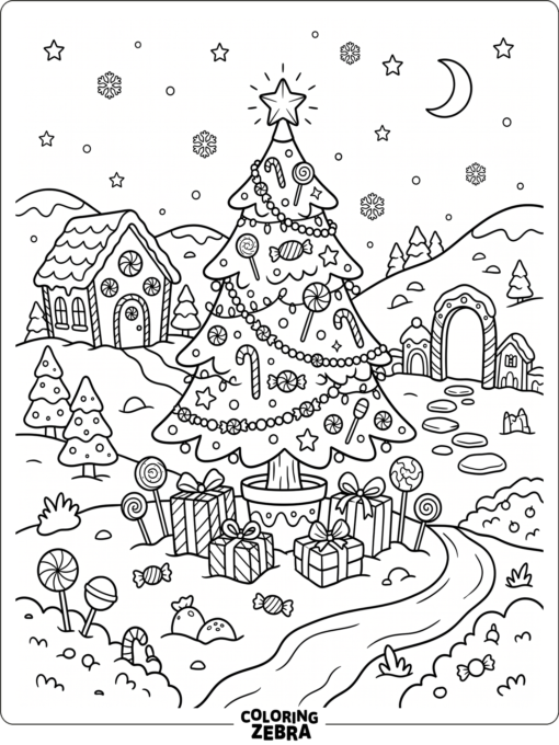 A festive Candyland scene with candy gifts and a decorated tree