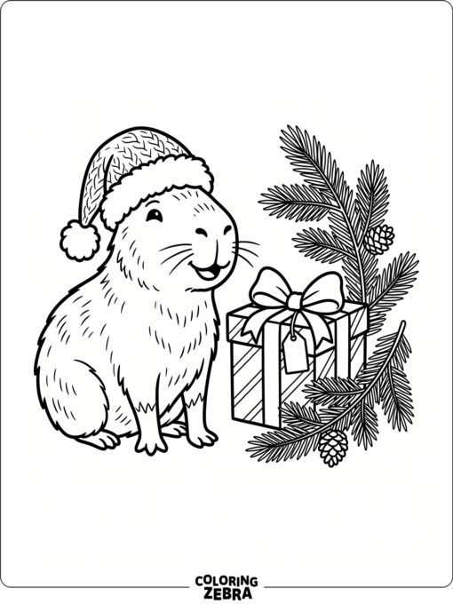 A capybara in a Santa hat beside a gift box