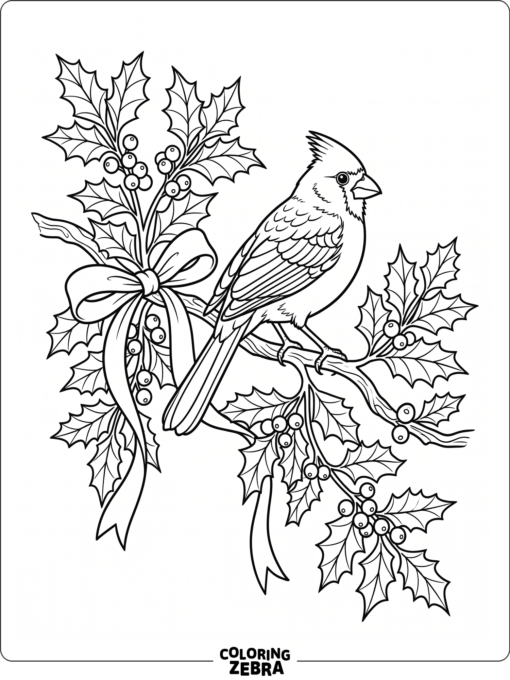 A cardinal perched on holly with berries