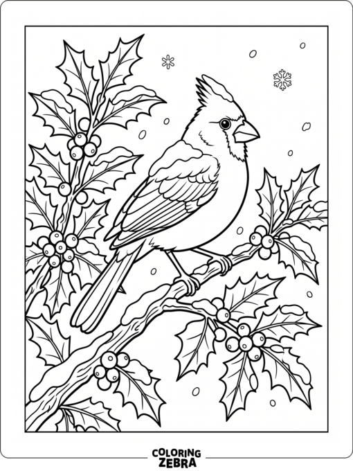 A cardinal perched on holly branches with snow