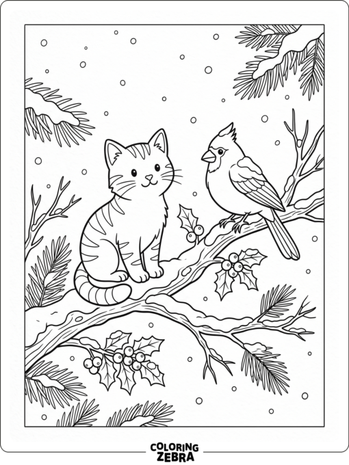 A cat sitting near a cardinal on a snowy branch