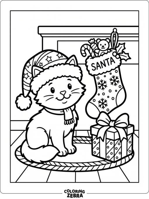 A cat in a Santa hat sits near a stocking and present