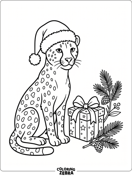 A cheetah wearing a Santa hat by a gift