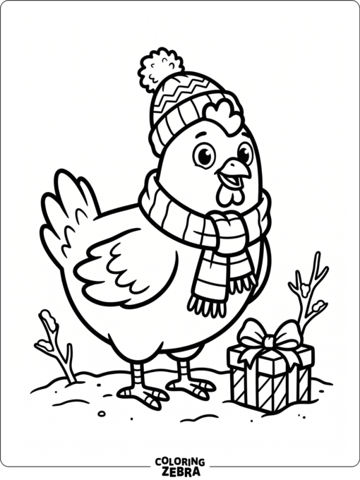 A chicken in a scarf beside a gift box