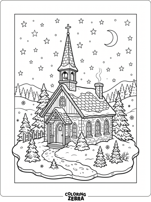 En snötäckt kyrka med stjärnor på himlen