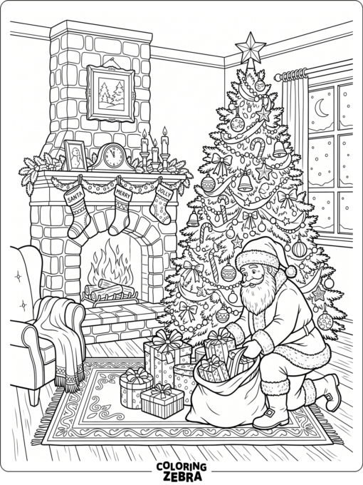 Jultomten vid en julgran och en öppen spis