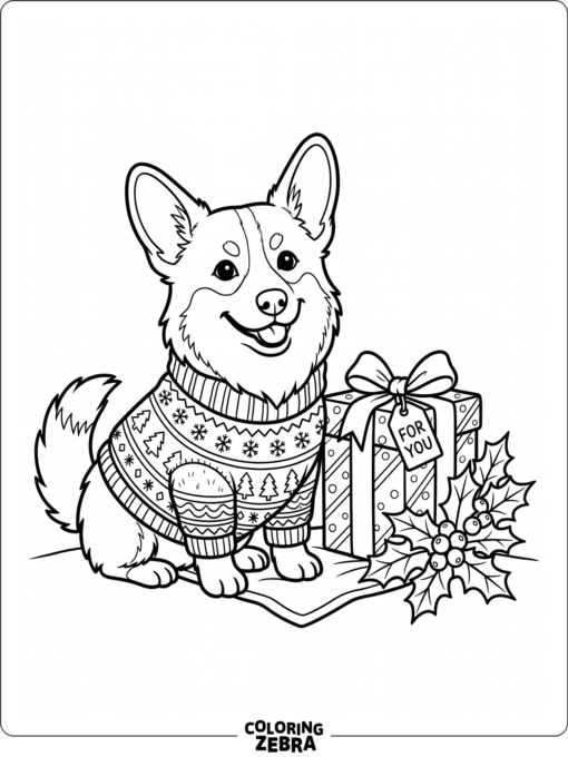 En corgi i tröja med en present och järnek