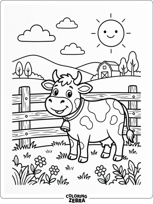 A smiling cow stands beside a fence in a simple kid-friendly farm scene.