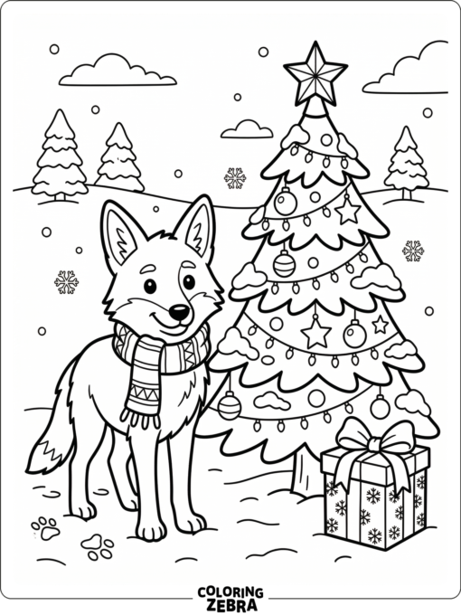 A coyote with a scarf near a Christmas tree and gift