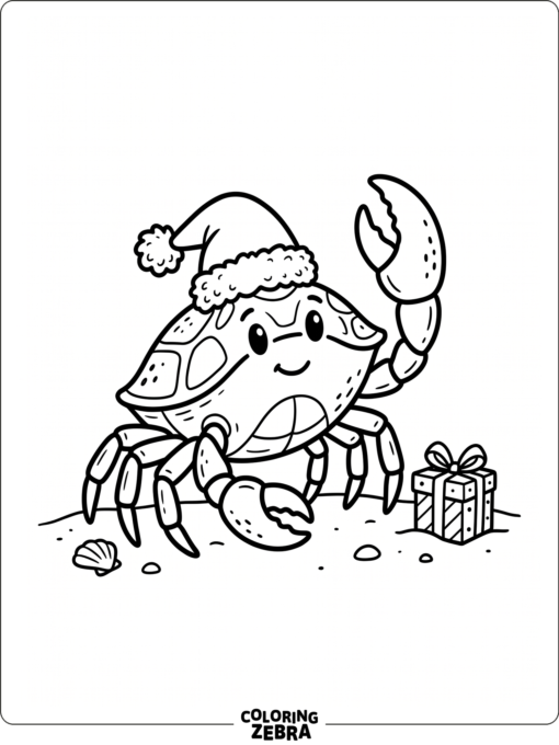 A crab wearing a Santa hat beside a small gift