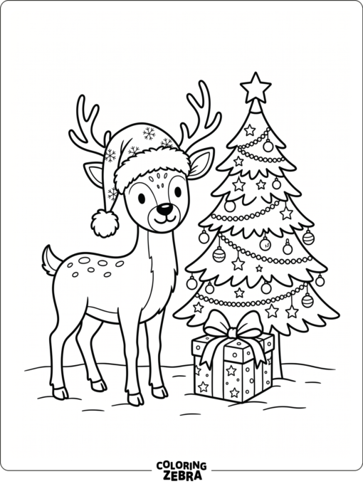 A deer in a Santa hat with a present