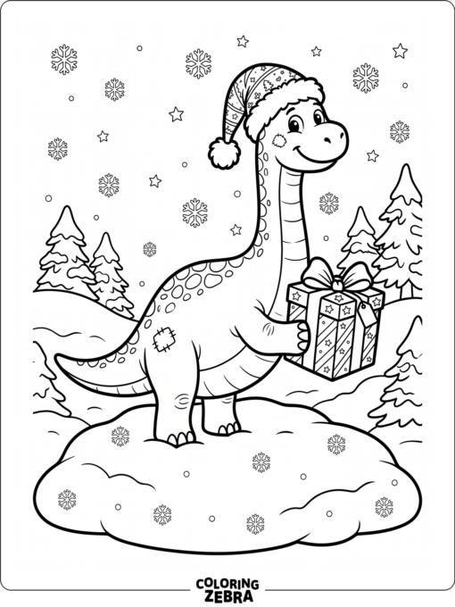 En dinosaurie med tomteluv och en present