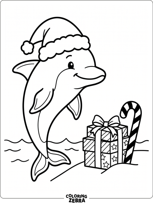 A dolphin in a Santa hat near a gift and candy cane