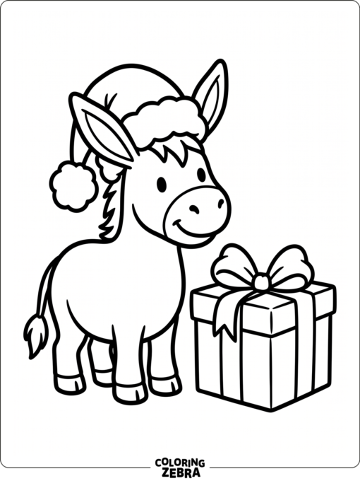 A donkey in a Santa hat with a gift box