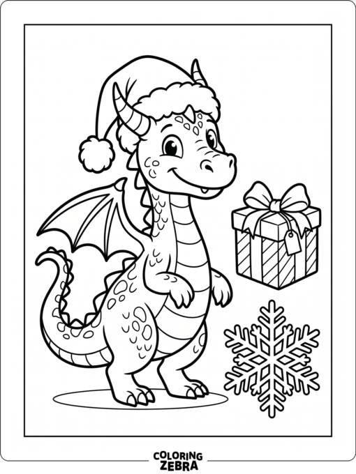 A dragon in a Santa hat beside a gift