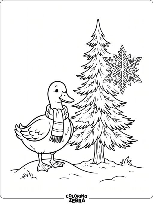 A duck in a scarf beside a pine tree