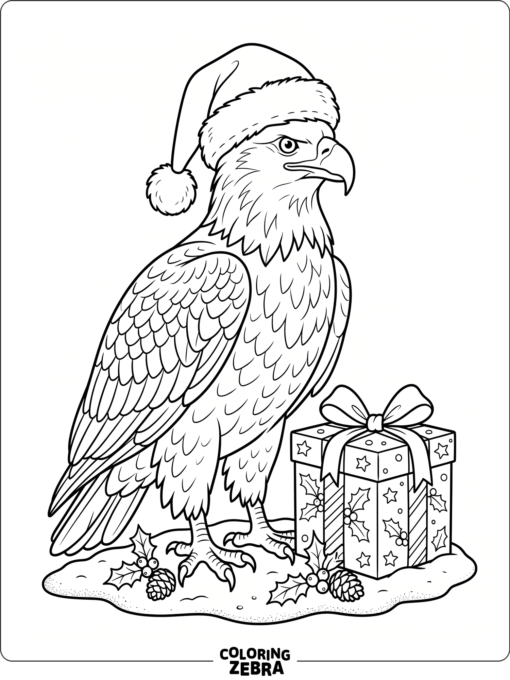 An eagle wearing a Santa hat beside a gift box