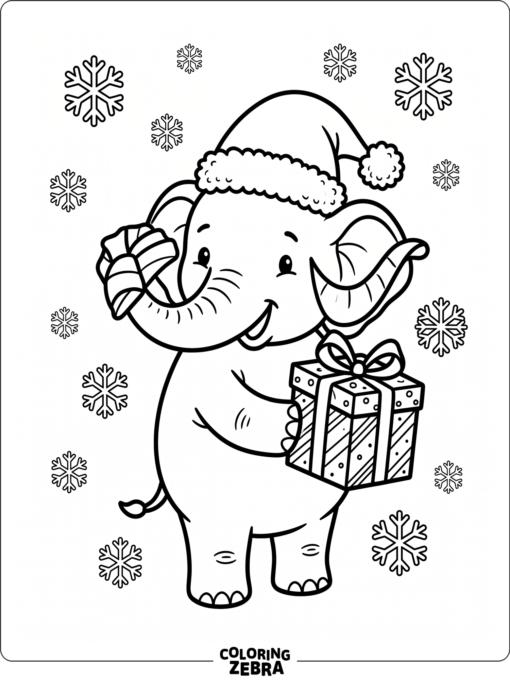 An elephant in a Santa hat beside a gift