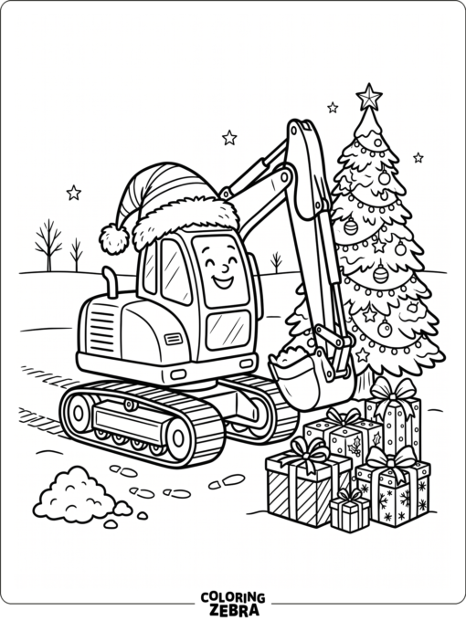 Excavator in a Santa hat with holiday gifts