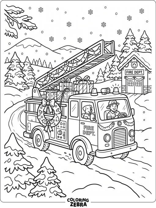 Fire truck with a wreath and wrapped gifts