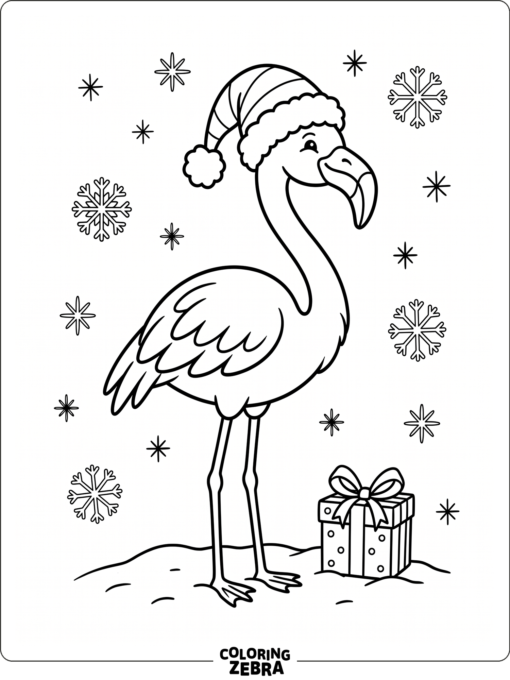 A flamingo in a Santa hat with a gift