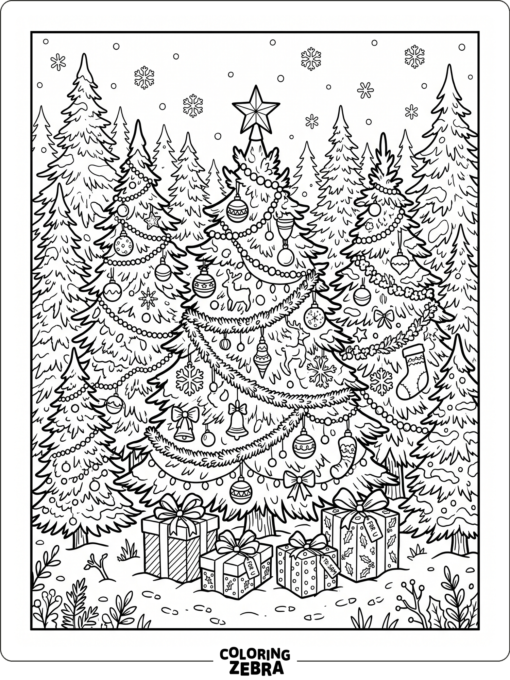An evergreen forest decorated with ornaments and gifts