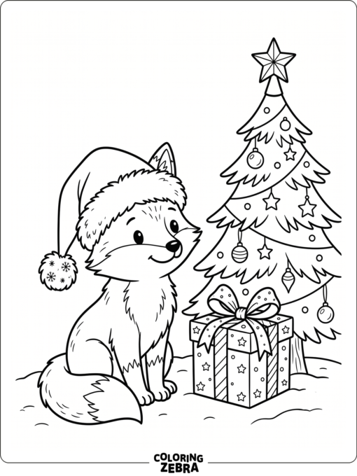 A fox in a Santa hat stands by a gift and pine tree