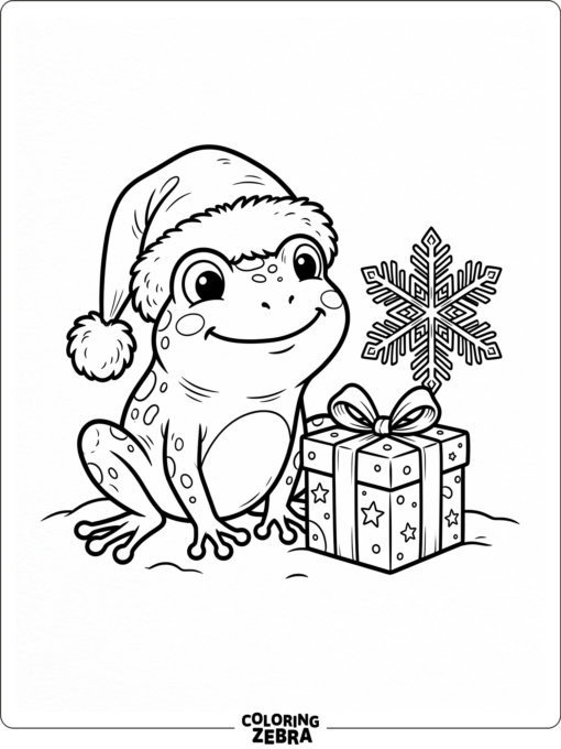 A frog in a Santa hat beside a wrapped present
