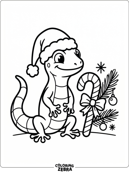 A gecko wearing a Santa hat near a candy cane
