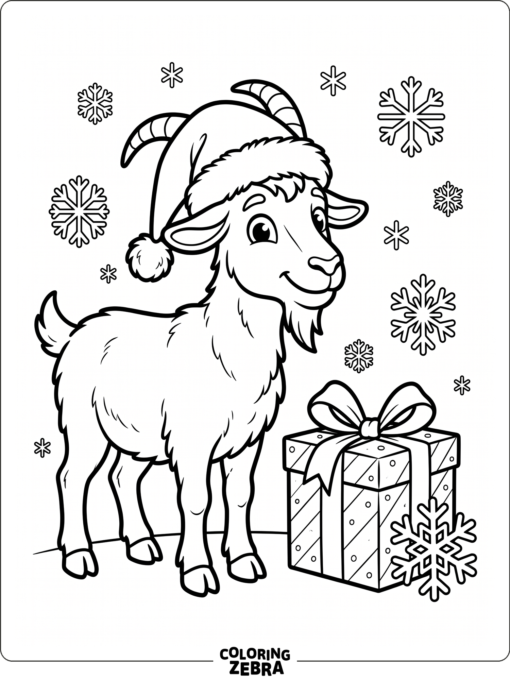 A goat in a Santa hat beside a gift