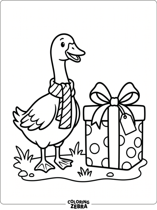A goose in a scarf next to a gift box