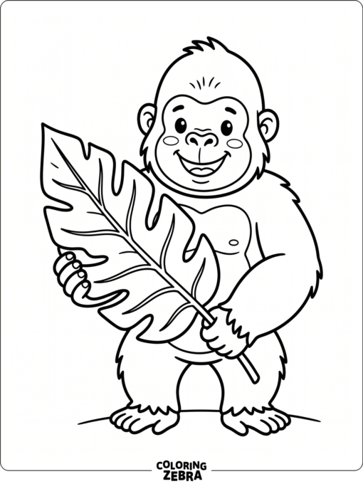A smiling gorilla holding a big leaf