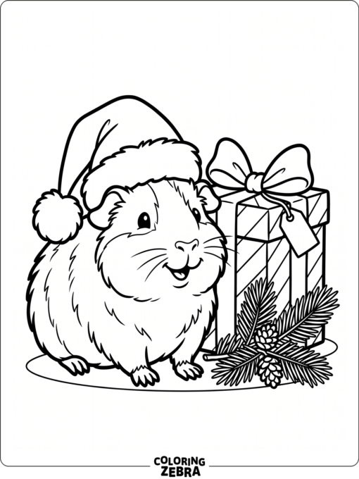 A guinea pig in a Santa hat with a gift
