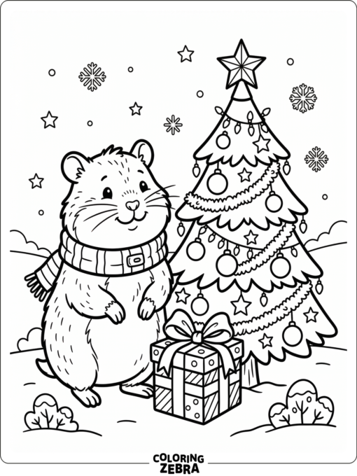 A hamster in a scarf beside a Christmas tree and gift