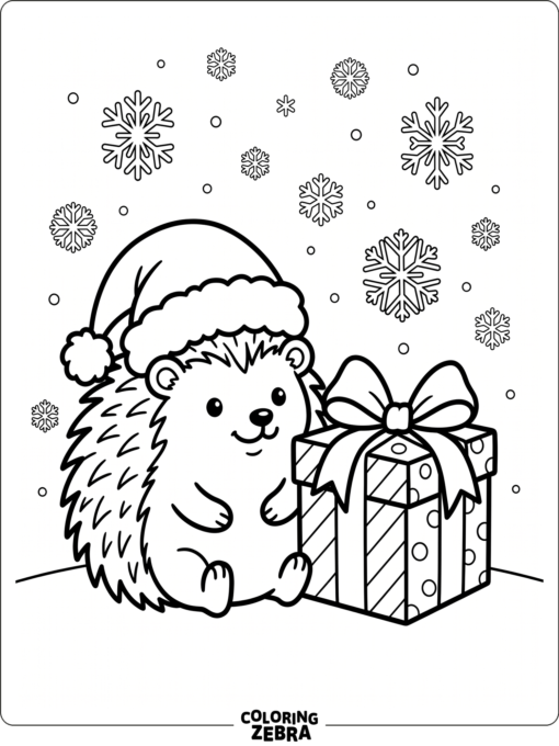 A hedgehog in a Santa hat with a gift