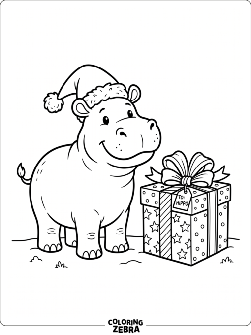 A hippo in a Santa hat beside a gift