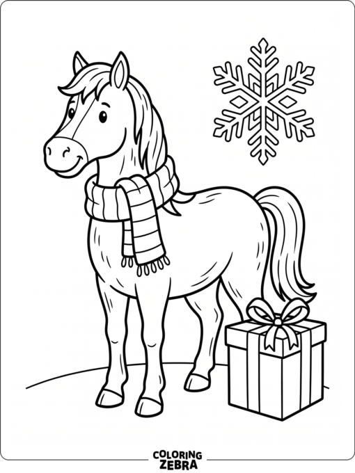 A horse wearing a scarf beside a gift