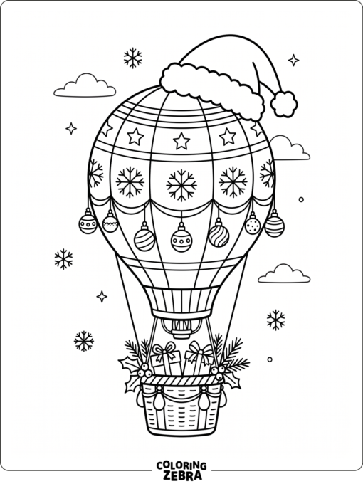 A hot air balloon wearing a Santa hat with ornaments