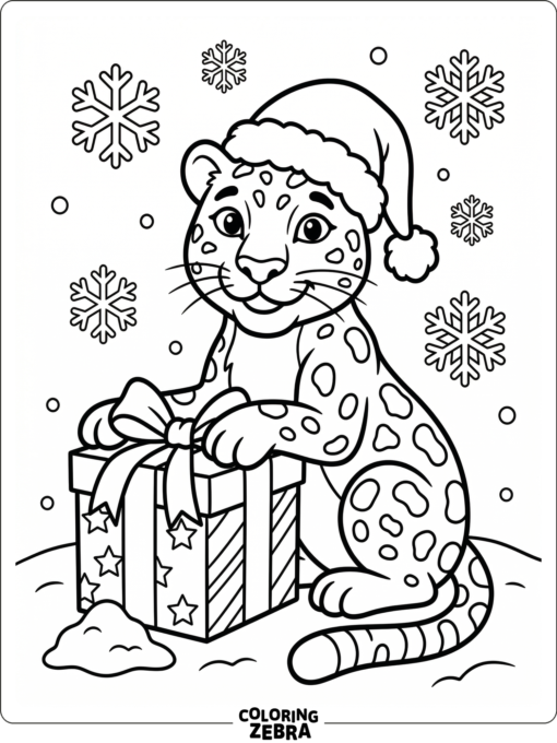 A jaguar in a Santa hat beside a gift