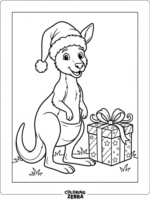 A kangaroo in a Santa hat next to a gift
