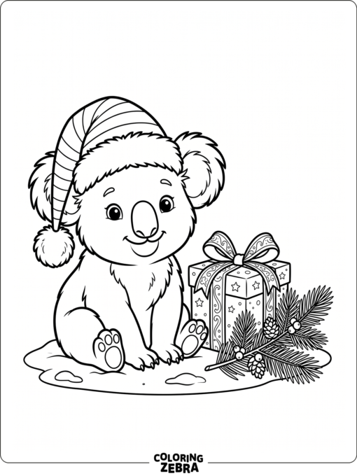 A koala in a Santa hat next to a gift