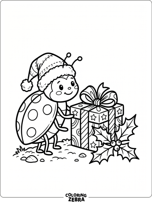 A ladybug in a Santa hat with a gift